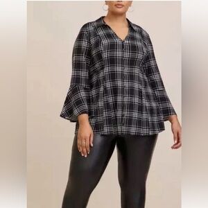 Torrid Fit And Flare Rayon Slub Top Button-Front Black White Plaid Size 2X EUC